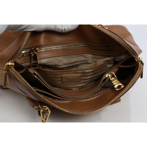 Prada Saffiano Lux Promenade Tan Brown Leather Double Zip Medium Satchel Bag - Picture 16 of 16